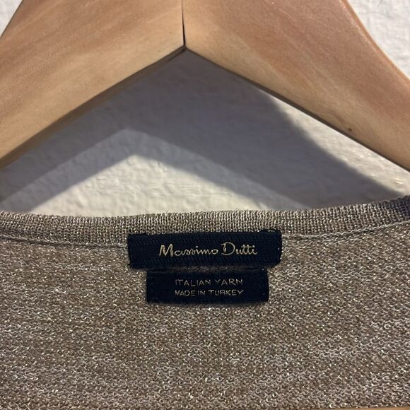 Massimo Dutti belted wrap cardigan sweater gold metallic and tan yarn size small - Picture 2 of 4